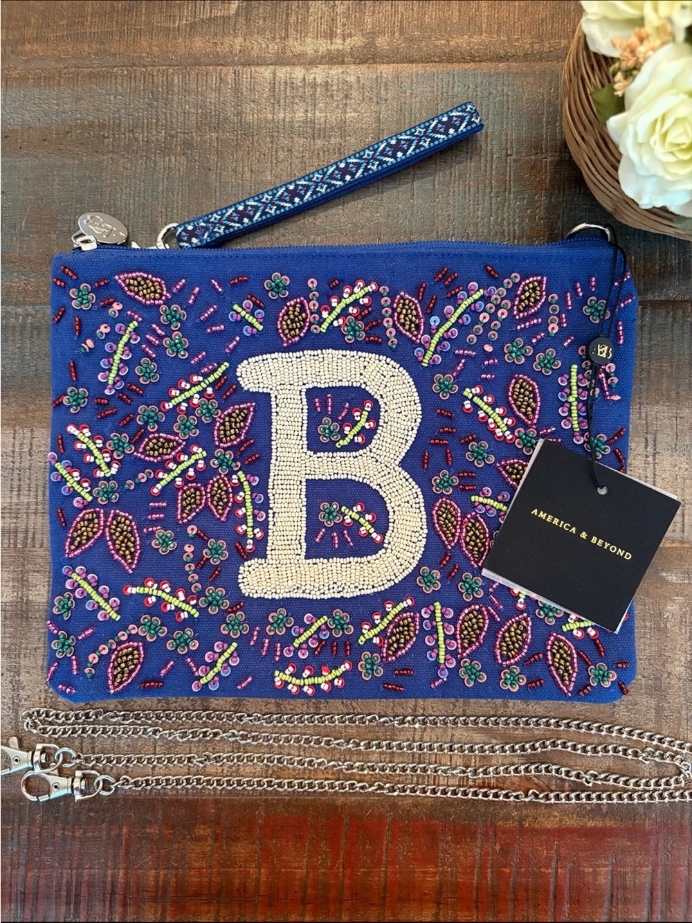 New AMERICA & BEYOND Beaded Initial “B” Zippered BAG/Pouch with CROSSBODY Chain!